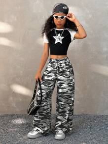 Coolane Pantalon droit ample à jambes droites avec imprimé graphique camouflage, streetwear pour préadolescentes au printemps/été