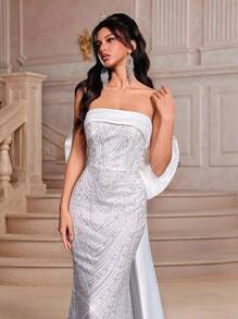 Glamrae 奢华刺绣蕾丝和串珠缎面美人鱼下摆连衣裙，配有可拆卸的超大蝴蝶结和尾巴装饰，适合婚礼、典礼、单身派对、蜜月、舞会 - 米色 - 查看 6