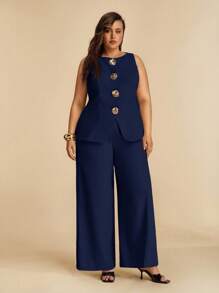 SHEIN BAE Plus Size Women's Summer Fashion Commuter Solid Color Vest & Pants Set/ Plus Size Two Pieces Outfits/ Plus Size 2 Pieces Sets/ Plus Size Wide Leg Pantsuit/ - Navy Blue - View 4
