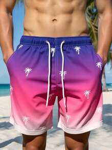 Surfspeed Men's Ombre Floral Print Pocket Drawstring Waist Beach Shorts, Suitable For Summer - Multicolor - View 1