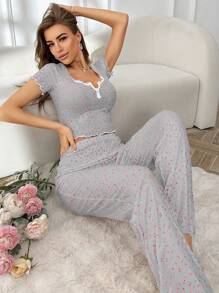 SHEIN 女士碎花半襟纽扣装饰短袖睡衣套装 - 彩色 - 查看 3