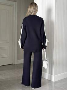 EURMUSE 海军蓝蝴蝶结细节运动衫搭配罗纹长裤套装。 - 藏蓝色 - 查看 2