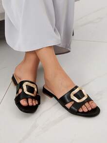 Sleekvia Women's Black Square Toe Metal Buckle Hollow Out Flat Sandals, Basic Beach Casual Elegant Style - Black - View 5