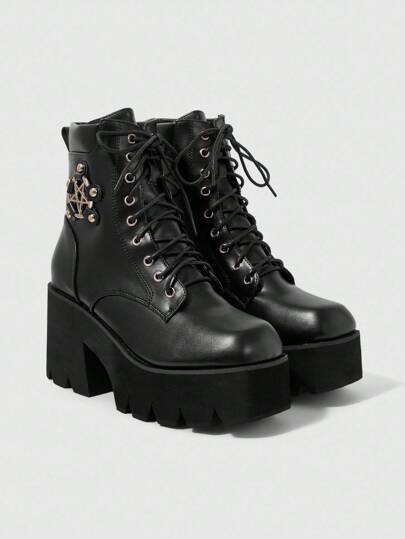 Grunge Punk Botas góticas de puntera cuadrada y tacón grueso, botas de tacón alto de piel de PU negras adecuadas para fiesta, uso diario, vestido de noche, que aumentan la altura y alargan las piernas