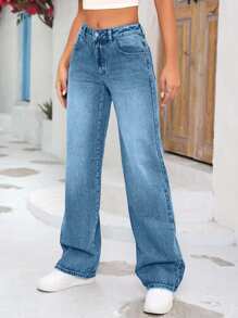 SHEIN Tall Quần jean ống đứng dáng rộng, túi hộp tiện dụng đa năng cho nữ - Rửa nhẹ - Xem 4