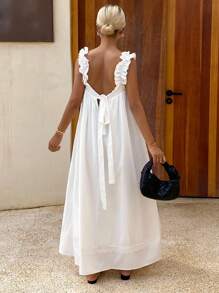 Livesso New Autumn Back To School Casual Vacation Style Spaghetti Strap Women Long Dress - White - View 2