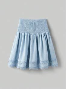 Ontre 青少年女孩褶饰细肩带短款上衣和百褶裙两件套服装，夏季休闲度假百搭套装，蓝色百褶裙，无袖花卉饰边上衣 - 淺藍色 - 查看 3