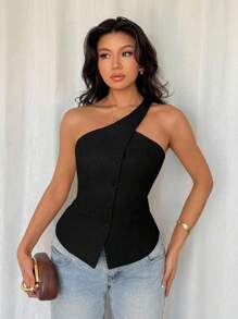 SHEIN Tall 女式无袖露背优雅办公室通勤百搭背心（带衬里），夏季 - 黑色 - 查看 4