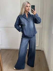 Livesso Autumn New Loose Casual Denim Shirt & Pants 2-Piece Suit For Women, Back To School - Blue - View 4