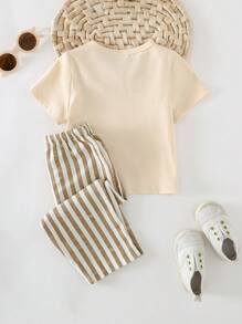 Cozy Pixies 2 件套男婴卡通狮子针织柔软圆领短袖上衣和彩色条纹松紧腰裤套装 - 杏色 - 查看 2