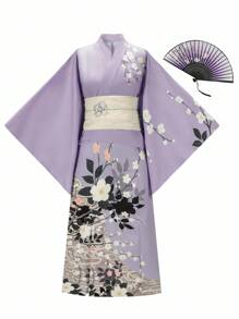 Irokai 日本女士传统印花和服浴衣两件套，夏季节日 - 紫色 - 查看 1