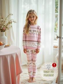 青少年女孩睡衣套装，可爱蝴蝶结印花针织贴身长袖上衣和裤子，秋冬 - 粉色 - 查看 4