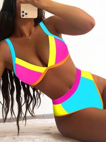 Slaydiva Women's Colorblock Sexy Bikini Swimsuit Set, Summer Beach