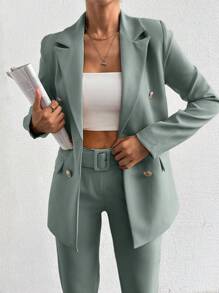 EURMUSE Bộ vest thanh lịch cổ ve áo màu trơn tay dài hai hàng khuy cho nữ - Màu xanh Bạc hà - Xem 1