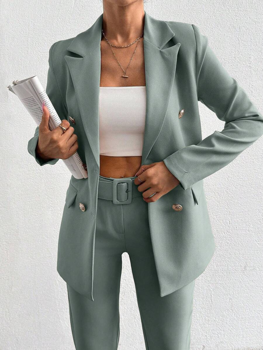 EURMUSE Bộ vest thanh lịch cổ ve áo màu trơn tay dài hai hàng khuy cho nữ - Màu xanh Bạc hà - Xem 1