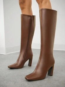 SHUZIA Women's 3.5'' Slanted Block Heel & Sleek Square Toe Pu Brown Knee High Boots–A Chic, Versatile Essential For Day-To-Night Looks With Modern Edge & All-Day Comfort. - Brown - View 5