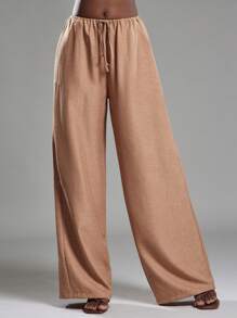 NYA SZN Trouser Tie Elastic Waistband Side Tie Ruched Linen Pants Beach Workwear S Brown - Brown - View 3