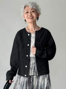 FRIFUL 女士休闲百搭纯色牛仔夹克 - 藍色 - 查看 2