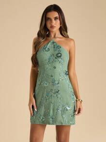 SHEIN BAE 蓝色花卉串珠挂脖迷你连衣裙，优雅的装饰花卉连衣裙，适合度假、海滩、音乐节、生日、早午餐、婚礼宾客着装 - 薄荷綠 - 查看 6