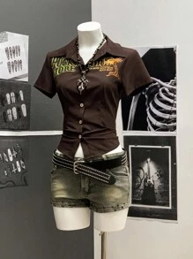 StreetHx Áo sơ mi tay ngắn in chữ và cây cọ phong cách Punk dành cho nữ - màu nâu - Xem 3