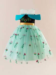 Glamorique Kids Girls' Princess Dress, Green Anna Princess Printed Green Mesh Dress, Autumn Dress, Outdoor Clothing, Children's Birthday Dress, Birthday Party And Festival Dress, Black Knitted, Green Sparkling Flower Print At The Hem, Oil-Painted Shoulder Strap, Golden COS Costume, All-Season Dress