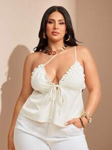 SHEIN BAE Plus Size Women's Linen Sleeveless Crop Top,White,Summer,Elegant,Night Out Club,,Spring,Fall,Halloween,Back To School,Christmas,Wedding Guest - White - View 2