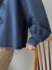 FRIFUL 休闲长袖牛仔衬衫，前部打结，常规长度，牛仔夹克，秋季女装领带前衬衫女式牛仔上衣牛仔衬衫女式领带前牛仔衬衫 - 藍色 - 查看 3