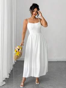 Elenzga Váy liền thân màu trơn cỡ lớn, thanh lịch, cổ điển, lãng mạn - trắng - Xem 5