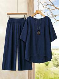 EMERY ROSE Plus Size Women Early Spring Solid Color Two Pieces Set, Navy Blue Mid Sleeve Shirt And Long Pants Set,Summer Outfits For Women