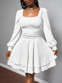 Slaydiva 2025 Frühherbst Neue Einfache Lässige Grundlegende Sport Süße Quadratischer Ausschnitt Puffärmel Langarm Geraffter Doppellagiger Locker Schwingender Rock A-Linie Rock Mehrlagiger Saum Weißes Damen Mini Kleid