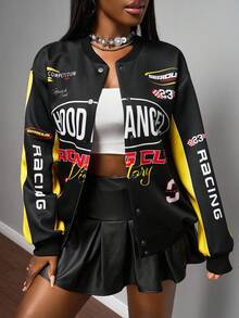 Slaydiva Women's Black Early Autumn Streetwear Everyday Back-To-School Baseball Jacket Retro Slogan Logo Printed Off-The-Shoulder Loose Long-Sleeved Jacket - Black - View 6