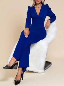 SHEIN Clasi جمبسوت أنيقة للنساء طويلة الساق وواسعة مع أكمام مرتفعة وياقة على شكل حرف V، مناسبة للخريف والشتاء