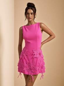 Váy ngắn ôm sát không tay có viền trang trí hoa 3D, màu hồng trơn, thích hợp cho kỳ nghỉ, lễ hội âm nhạc - Hồng - Xem 4