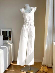 SHEIN EZwear 女士新款米色亚麻背心裤套装 女士度假套装 女士夏季套装 女士春季套装 女士夏季套装 - 白色 - 查看 5