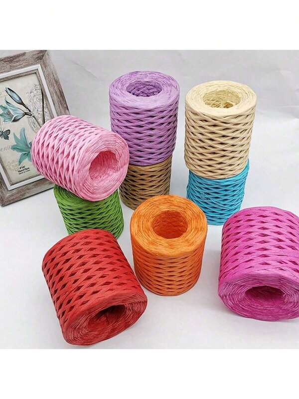 SHEIN 100g/Set Flat Raffia Yarn Natural For Knitting Crochet Summer Hat Bag Slipper Cup Cover Diy Light Soft Wearable Thread Blue Pink Christmas Halloween Decor, Back To School Living Room Decor Gaming