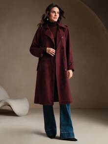 Anewsta Áo khoác dạ nữ cổ điển tối giản màu đỏ tía, cài hai hàng khuy, thắt eo, chất liệu da lộn, thời trang thu/đông - Màu đỏ tím - Xem 4
