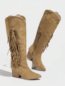 Daringsoles 女式尖头粗跟侧拉链绒面流苏西部靴，绒面刺绣过膝马靴，秋冬款 - 杏色 - 查看 5