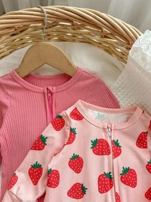 2件套新生女婴可爱草莓印花圆领长袖前拉链柔软连体衣套装 - 粉色 - 查看 7