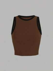 SHEIN Unity 2 件套女士拼色针织弹力修身运动服套装，包含背心和裤子，适合健身、休闲和家居服 - 棕色 - 查看 3