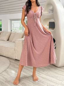 女式针织提花休闲 V 领盖袖宽松三叶草图案连衣裙、家居服 - 紅色 - 查看 4