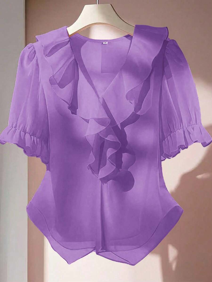 Franclia 女士纯色V领荷叶边泡泡袖休闲衬衫，适合大学穿着 - 紫色 - 查看 1