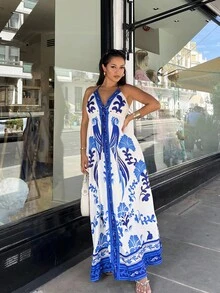 NegzBox 女士度假热带波西米亚蓝白花卉、鹦鹉印花挂脖系带休闲海滩夏季长裙 - 藍白色 - 查看 5