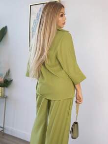 Cioccolato 2 件女式混合侧开叉宽松衬衫和阔腿高腰裤套装优雅商务休闲女士 - 綠色 - 查看 2