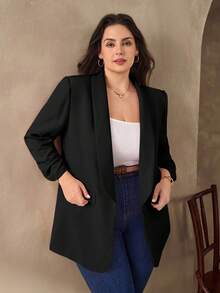SHEIN Clasi 粉色大码女式西装外套，优雅的通勤和商务装扮，商务休闲女士大码女式西装外套大码女式西装外套大码办公室服装女士西装外套大码办公室服装女士大码秋冬西装外套 - 黑色 - 查看 7