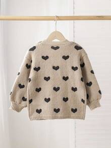 SHEIN LMoss Kids 年轻女孩心形图案休闲落肩长袖针织开衫