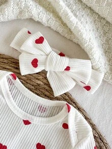 Back To School Fashion  4pcs Newborn Soft Comfortable White Textured Fabric Cute Red Heart Print Long Sleeve Romper, Pants, Headband & Swaddle Blanket Set, Baby Clothing Newborn Clothes Set Heart Print Baby Clothes Fall Winter - White - View 5