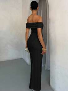 SHEIN BAE Off-Shoulder Lace Bodycon Dress, Elegant For Spring/Summer,Prom Dress - Black - View 2