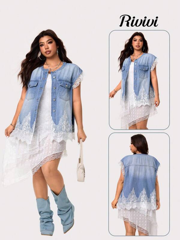 Rivivi Giacca di jeans casual da donna taglie forti con decorazione in pizzo, adatta per le vacanze