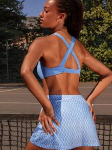 Athîral Áo thể thao nữ màu trơn không tay, hở lưng, dáng ngắn, thích hợp cho mùa hè, các cô gái chơi thể thao, đi học, bộ đồ màu xanh dương. - Màu xanh lam - Xem 1