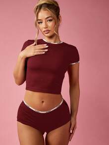 Missguided x Playboy Christmas Short Sleeve Crop Top And Brief Set With Logo Band - Burgundy - View 4